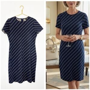 St. John Navy Gold Metallic Chain Link Wool Blend Knit Sheath Dress Size 10 SP21